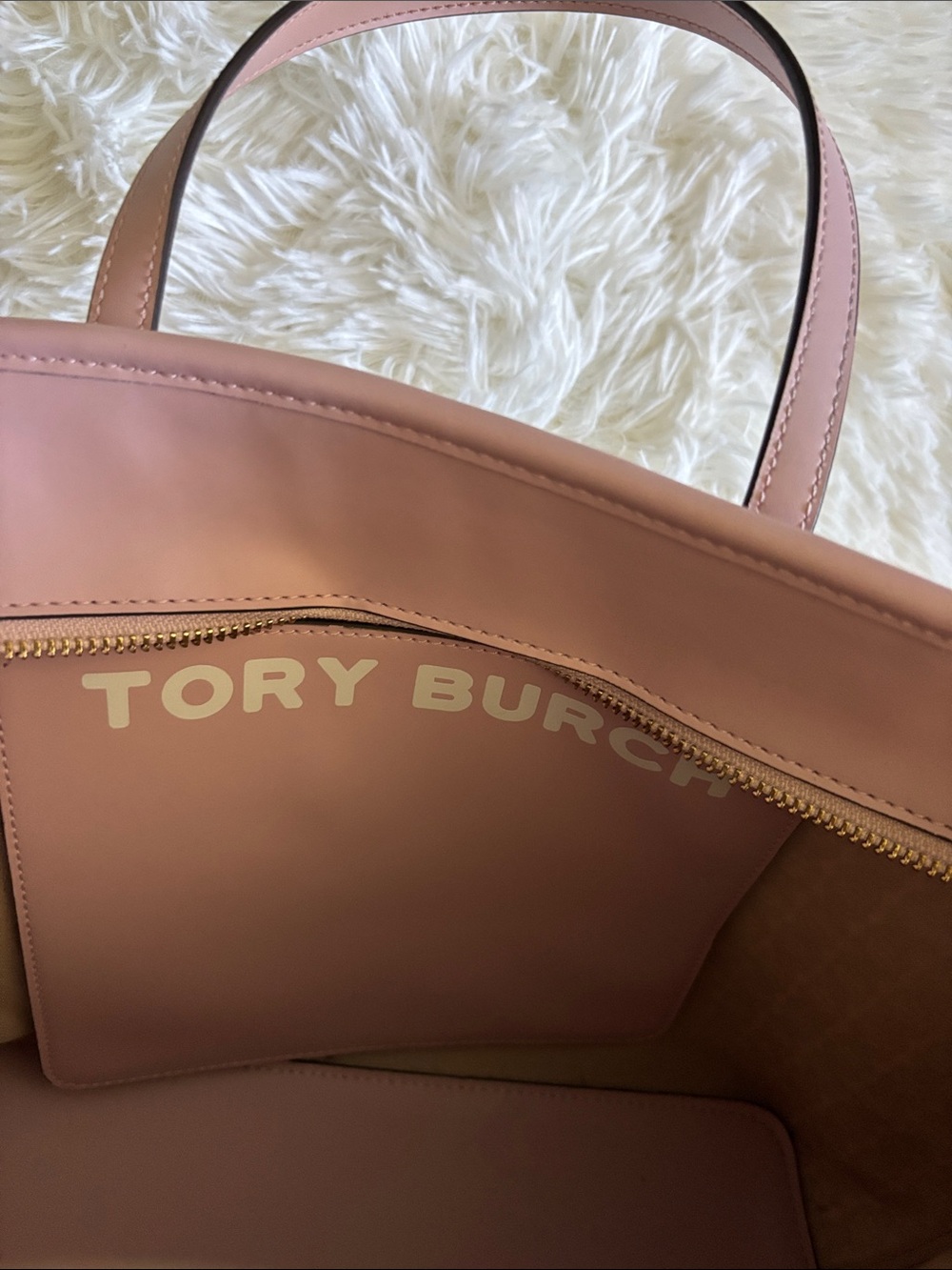 Tory Burch Pink and Cream Logo-Striped Canvas Tote - Picture 6 of 11
